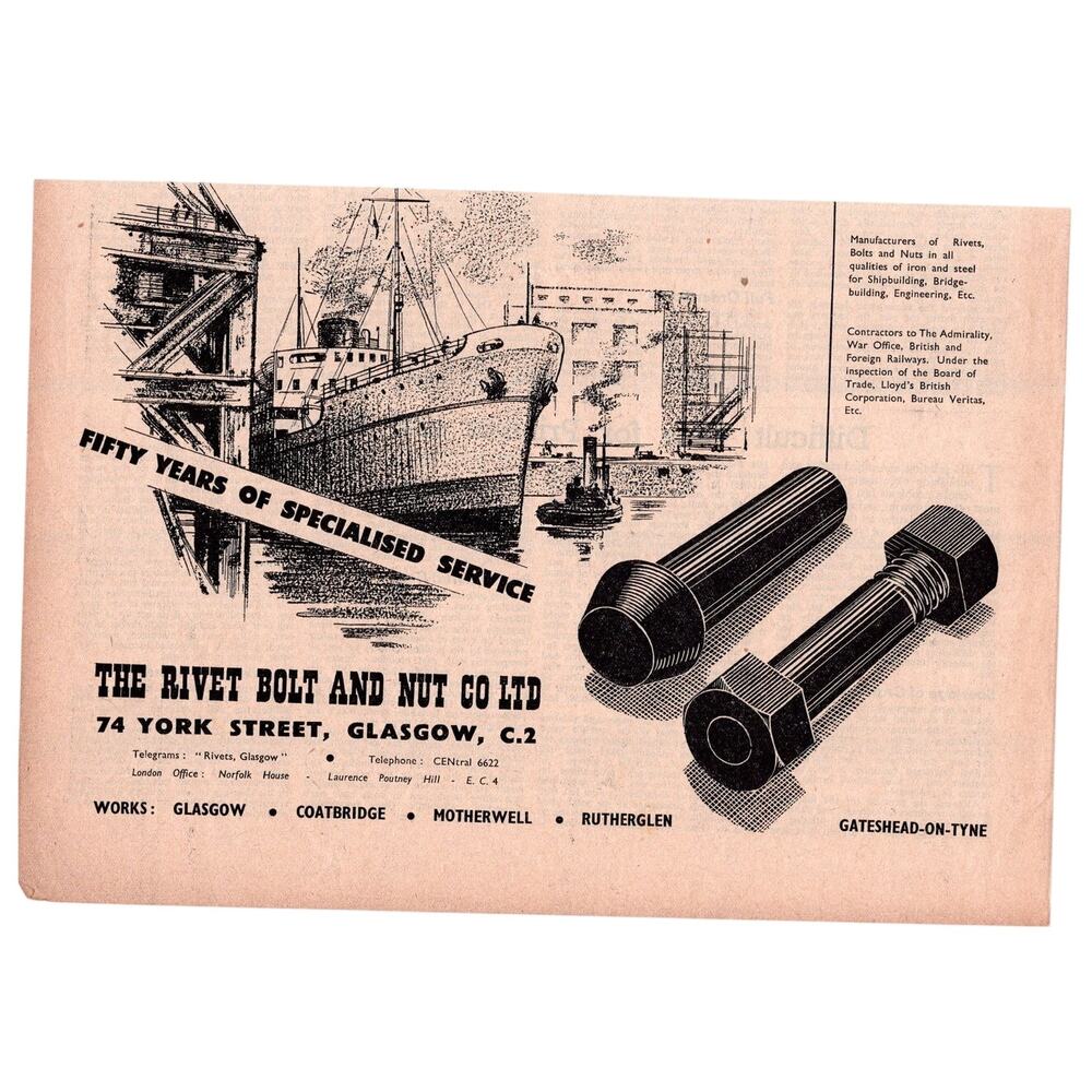 Rivet Bolt and Nut Co Ltd Advertisement 1952 Vintage Industrial Glasgow Scotland